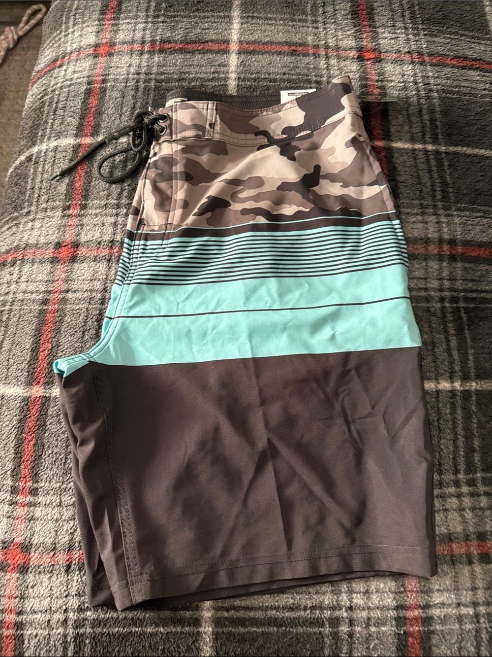 No Boundaries Men’s Camo & Aqua Stripe Swim Trunks